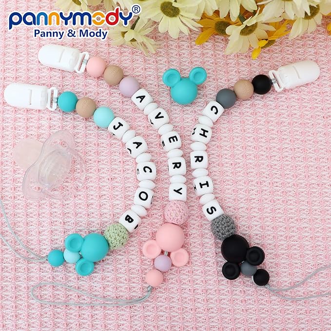 Personalized Pacifier Clip with Name, Customizable Mouse Pacifier Leash for Baby, Universally Fit All Pacifiers (Black)