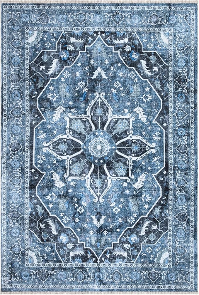 Bloom Rugs Caria Washable Non-Slip 8x10 Rug - Blue/Charcoal Traditional Area Rug for Living Room, Bedroom, Dining Room, and Kitchen - Exact Size: 7'8" x 10'