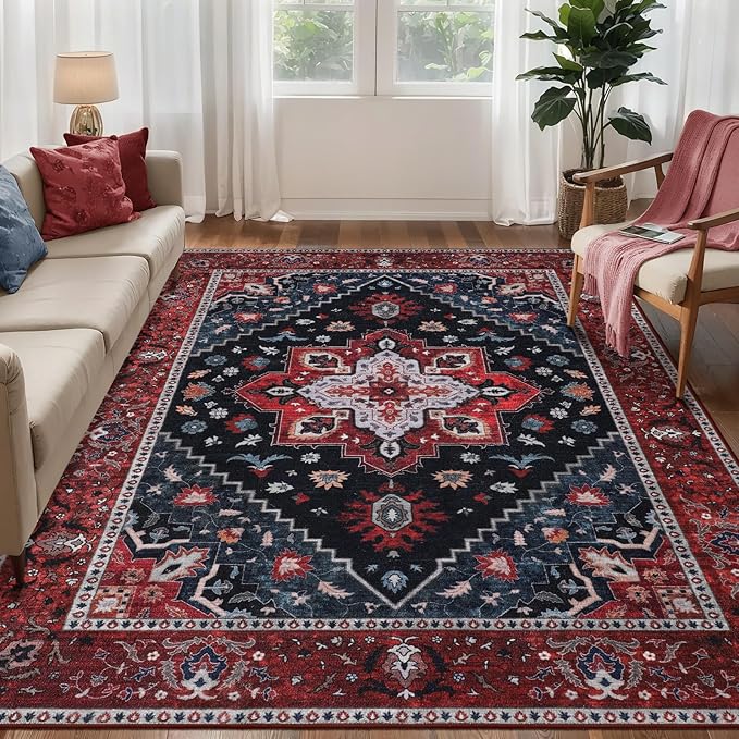 Ciicool Area Rug 5x7ft Washable Rugs for Living Room Non-Slip Indoor Rugs Large Low-Pile Mat Floor Carpet Vintage Rug for Bedroom Dinning Foyer Decor