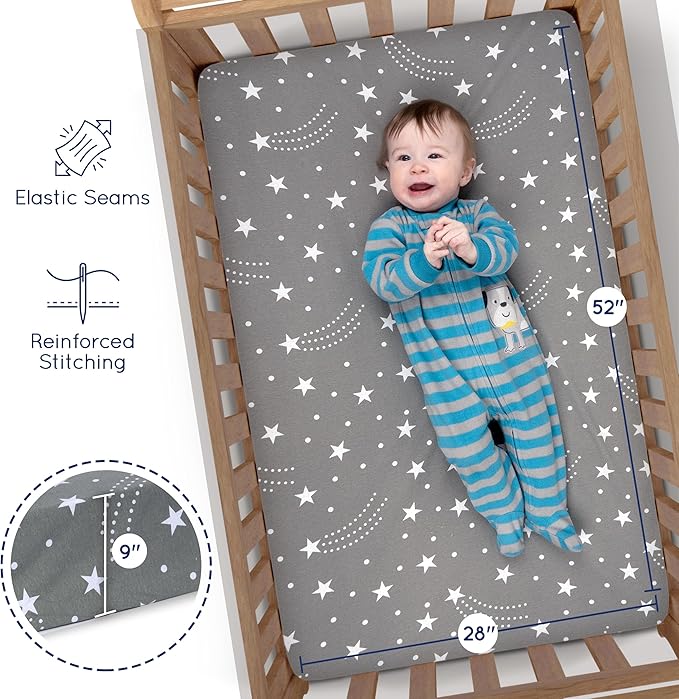 Fitted Unisex Crib Sheets (3 Pack) by GROW WILD - Jersey Knit Cotton Crib Sheets for Boys or Girls, 52β x 28β x 9β Crib Bedding Set (Moon, Stars and Constellation)
