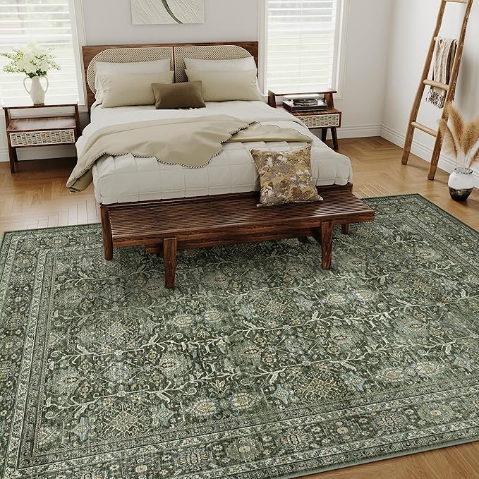 Vintage Area Rug 6x9 Green Washable Living Room Large Carpet Non Slip Bedroom Indoor Office Low Pile Traditional Distressed Retro Accent Rug for Dining Room Kitchen