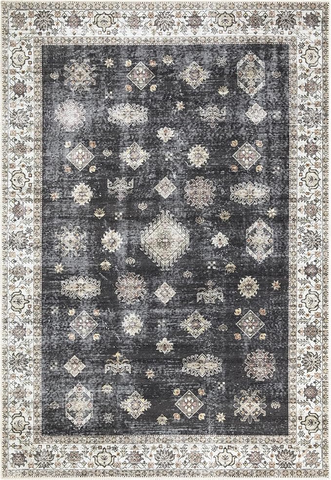 Bloom Rugs Washable Non-Slip 3' x 5' Rug - Black/Ivory Traditional Area Rug for Living Room, Bedroom, Dining Room, and Kitchen - Exact Size: 3' x 5'