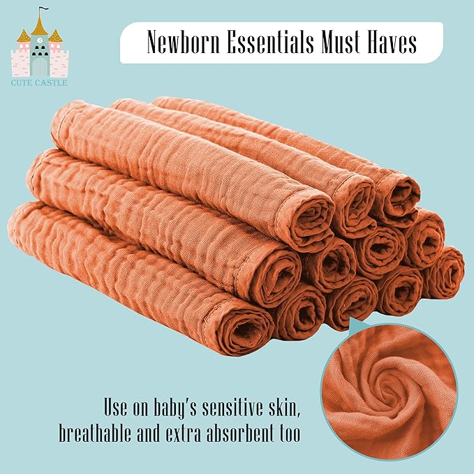 Cute Castle 12 Pack Muslin Burp Cloths for Baby - Ultra-Soft 100% Cotton Baby Washcloths - Large 20'' by 10'' Super Absorbent Milk Spit Up Rags - Burpy Cloths for Unisex, Boy, Girl - Vermilion