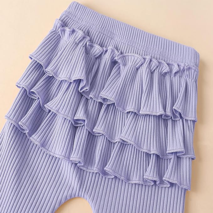 Fullfamous Baby Girl's 3pc Rib Frill Long Sleeve Romper and Pant Set