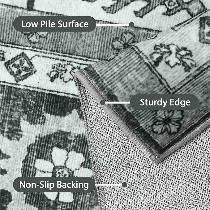 GENIMO Washable Rug 8X10 Area Rugs for Living Room Bedroom, Machine Washable Area Rug, Print Vintage Tribal Aesthetic Carpet, Low Pile Mat with Non Slip Rubber Backing, Distressed Charcoal