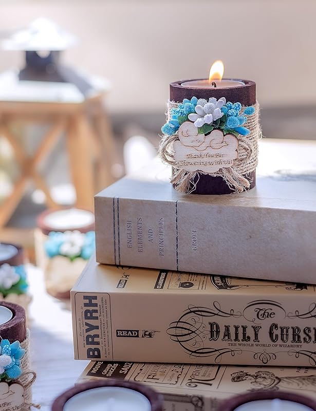 10 Handmade Wooden Tealight Candle Holders, Baby Shower Party Favors for Guests, Gender Reveal Party Gifts, with Personalized Tags, Baby Boy Gender Reveal. (dark brown-blue)