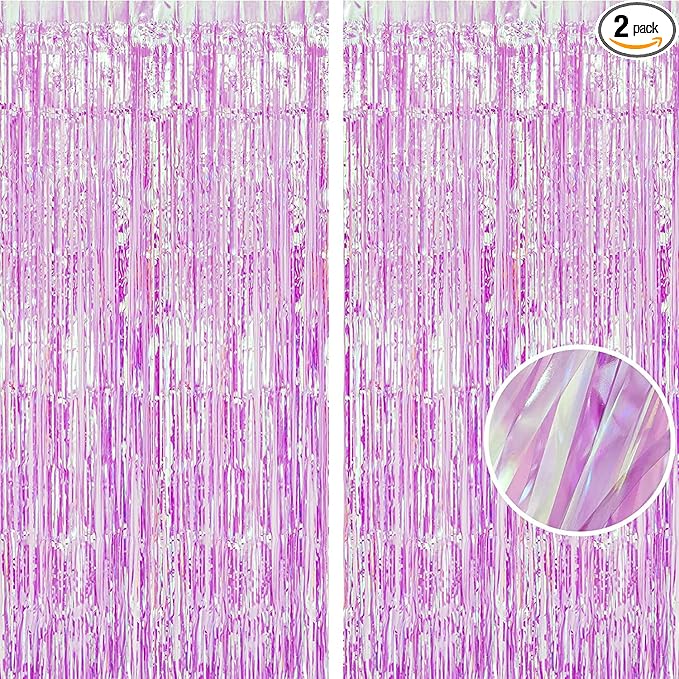 BRAVESHINE Clear Purple Party Decorations Iridescent Foil Curtain - 2 Pack 3.2 x 6.5 ft Holographic Tinsel Backdrop Party Streamers Curtains for Birthdays Valentine’s Bachelorette Bridal Shower Decor
