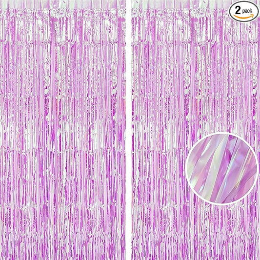 BRAVESHINE Clear Purple Party Decorations Iridescent Foil Curtain - 2 Pack 3.2 x 6.5 ft Holographic Tinsel Backdrop Party Streamers Curtains for Birthdays Valentine’s Bachelorette Bridal Shower Decor