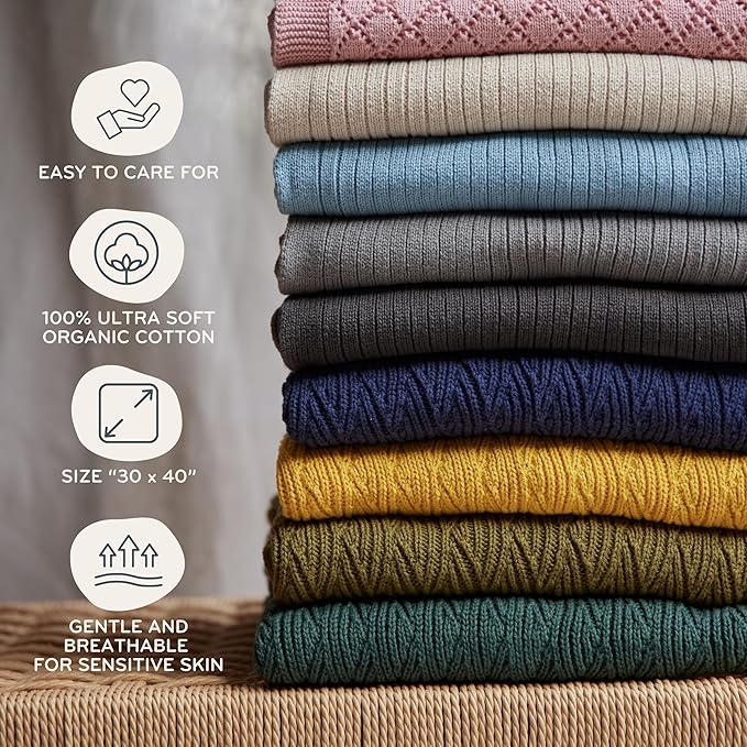 Knitted Organic Cotton Baby Blanket- Swaddle Blanket, 30" x 40" Soft Receiving Blanket for Newborn (Moss Green)