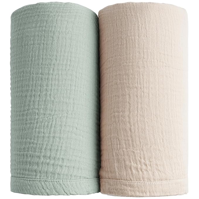 Konssy Muslin Swaddle Blankets for Boys Girls, 2 Pack Receiving Baby Blanket Large 47 x 47 inches, Soft Breathable Swaddling Wrap for Unisex Newborn (Green, Cream)