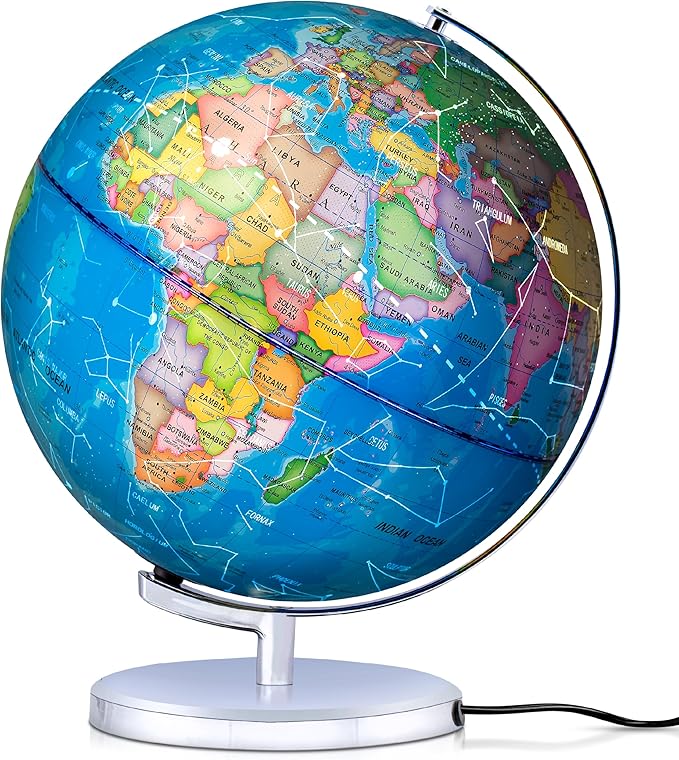 9" Illuminated Educational Kids World Globe + STEM Flags & Countries Interactive Card Game. 3 in 1 Children Desktop Spinning Earth Political & Constellation Maps, LED Night Light Lamp