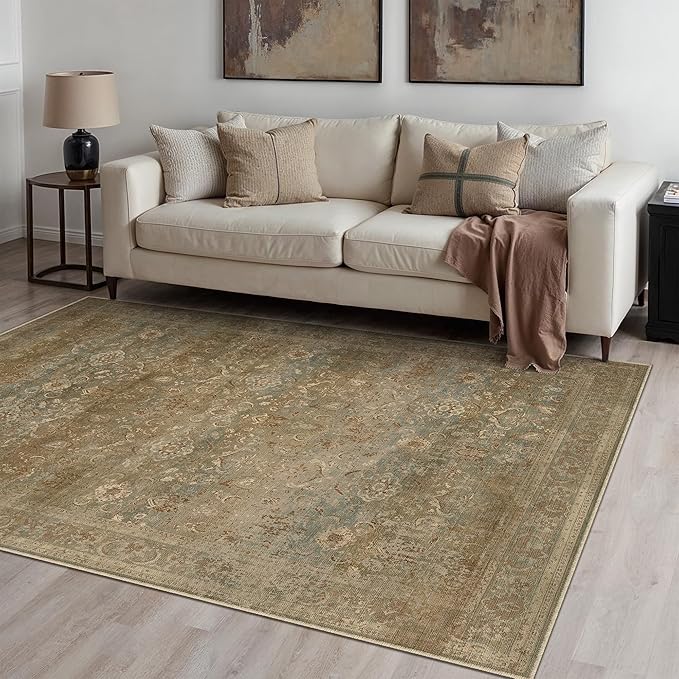 Vintage Area Rug 5x7 Washable Brown Living Room Carpet Large Indoor Non Slip Bedroom Low Pile Kitchen Distressed Retro Accent Throw Rug for Dining Room