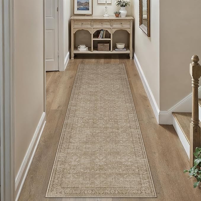 2x7 Light Brown Area Rug Runners for Hallways Washable Vintage Distressed Carpet Low Pile Non Slip Indoor Retro Soft Long Accent Rug Bedroom Kitchen Bathroom Laundry Dining Living Room