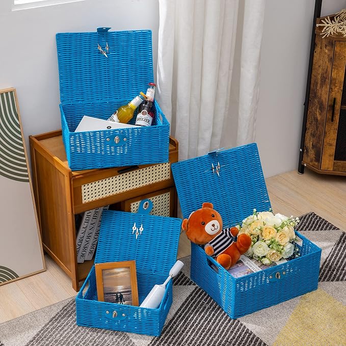 Set of 3 Woven Wicker Storage Basket Box with Lid & Lock, Built-in Carry Handles, Multifunctional Storage Organiser for Nursery, Baby, Clothes, Toys, Books, Large/Medium/Small Size (Sky Blue)
