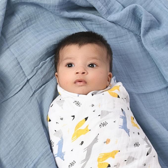 Featherhead™ 100% Cotton Muslin Swaddle Blankets for Baby Boy - Large 47”x 47” - Pre-Washed, Soft, & Breathable - Newborn Essential & Perfect Baby Registry Gift (2 Pack - Blue Foxes)