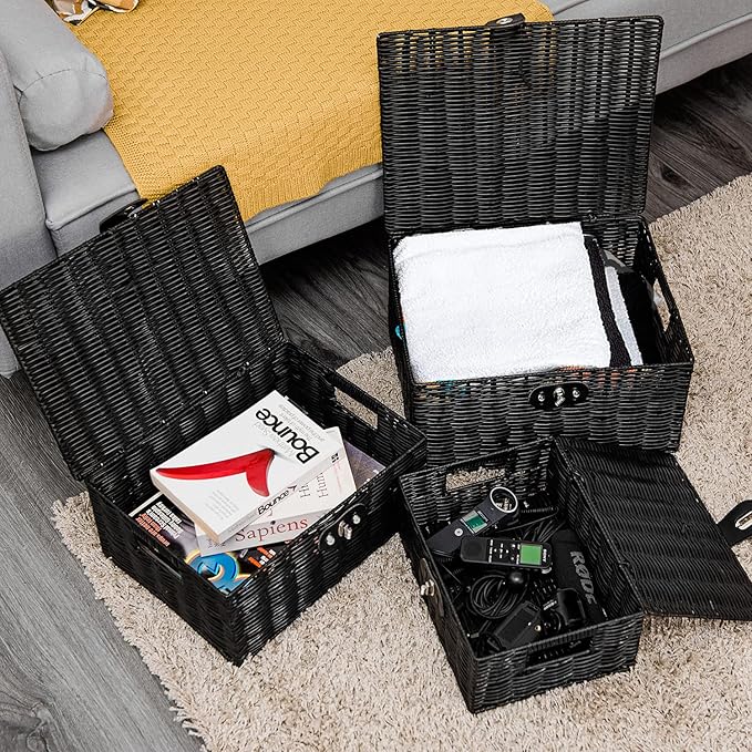 Set of 3 Woven Storage Basket Box Wicker Hamper Stackable Bin with Lid & Lock, Built-in Carry Handles, Organizer for Nursery, Baby Closet, Diaper, Toys, Home, Office, Laundry, DVD (Black)