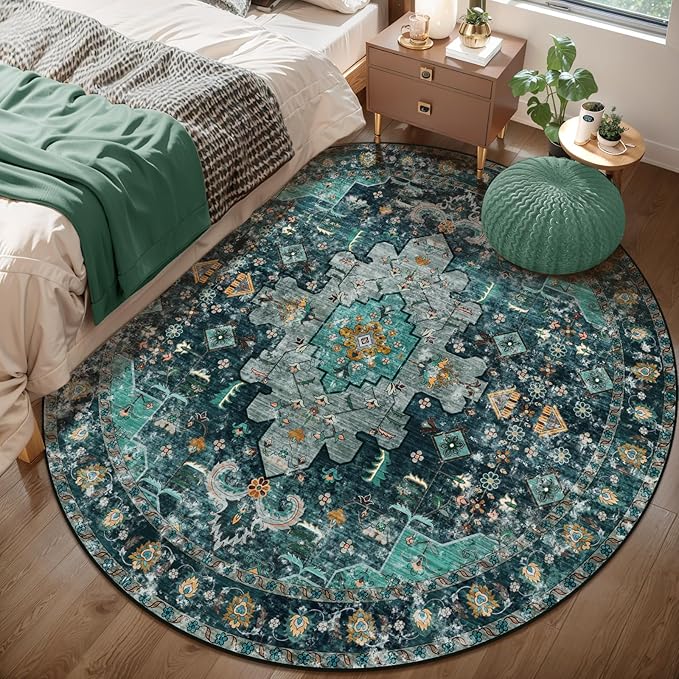 Ciicool Washable Area Rug Round 6’x6’ Teal Boho Bedroom Rug Non-Slip Oriental Carpet Throw Rug Low-Pile Indoor Floor Carpet for Dining Room Living Room Laundry Foyer Decor (Teal/Multi)