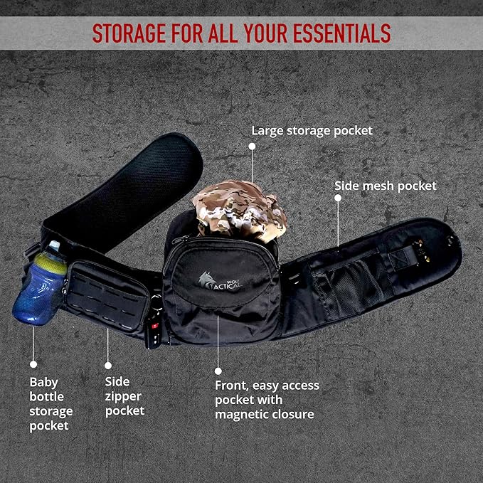 WOLF TACTICAL Baby Hip Carrier – Toddler and Baby Hip Seat Carrier with Adjustable Waistband, Storage Pockets, Ergonomic Design, Up to 45lbs
