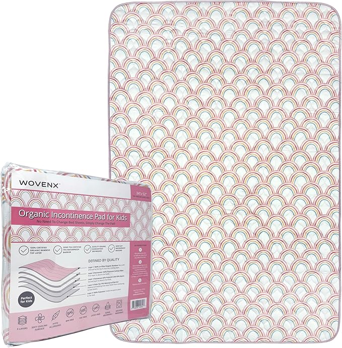 Organic Incontinence Pads for Kids & Toddlers - 5 Layer Waterproof Protectors for Overnight Bed Wetting - Reusable & Washable Pee Pads - Fits Twin to Full Size Beds - 34" x 52" Rainbow