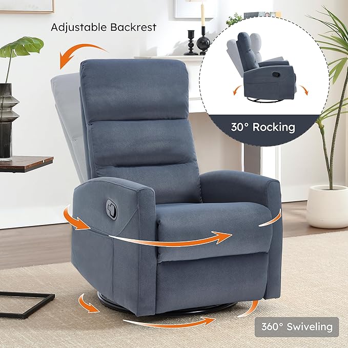 360° Swivel Rocking Chair for Nursery, Manual Glider Chair Nursing Chair with Side Pockets, Polyester Glider for Living Room, Heavy Duty Motion Mechanism, Blue Gray