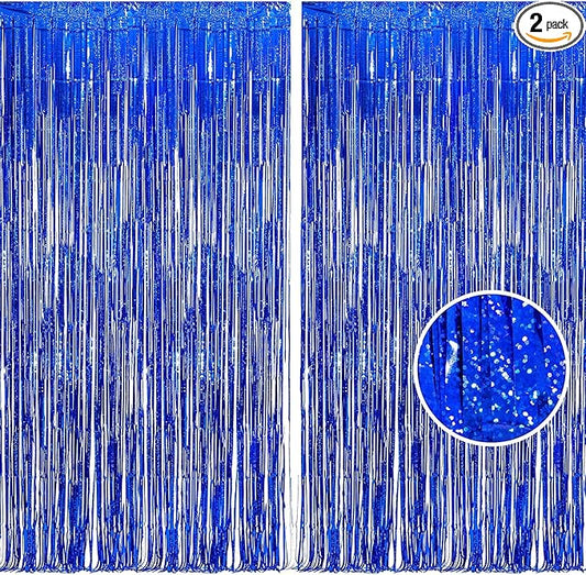 BRAVESHINE Blue Tinsel Foil Fringe Curtains - 2Pcs 3.2x8.2 ft Metallic Holidays Photo Backdrop for Boys Men Birthdays Homecoming Bachelor Bachelorette Engagement Sea Theme Ramadan Party Decorations