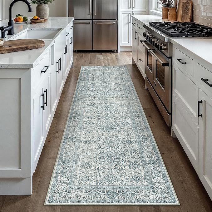Blue Runner Rug 3x8 Vintage Area Carpet Hallway Long Indoor Kitchen Washable Living Room Low Pile Traditional Distressed Retro Accent Throw Rug Non Slip Laundry Bathroom Office Dining Room