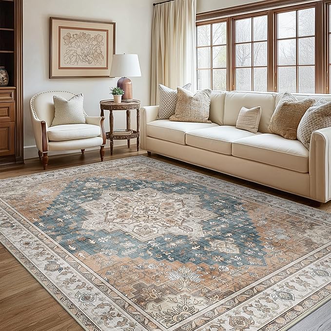 GENIMO 9x12 Area Rugs for Living Room, Non Slip Machine Washable Vintage Rugs, Low Pile Lightweight Chenille Print Large Rug for Bedroom, Dining Room, Home Office, Blue Brown