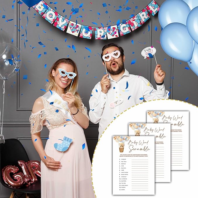 Bear Balloon 30 Baby Word Scramble Game Cards with 1 Answer Card, We Can Bearly Wait Gender Reveal Party Supplies Favors (5"x7") - E01