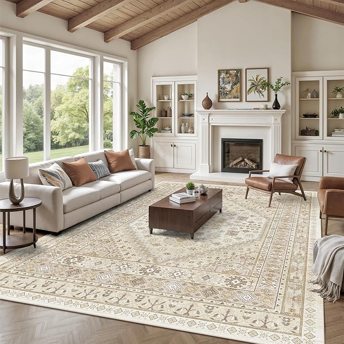zesthome 10x14 Area Rugs,Stain Resistant Washable Rug,Ultra-Thin Rugs for Living Room,Bedroom,Non-Slip Backing Home Decor Large Area Rug (Cream/Beige,10'x14')