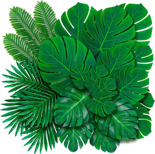 Decopom Artificial Palm Leaves 60-108 Pack - 6 Kinds Large Small Green Fake Palm Leaf with Stems for Safari Jungle Hawaiian Luau Party Table Decoration Wedding Birthday