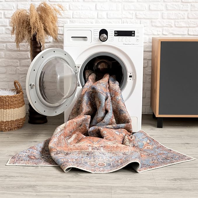 Bloom Rugs Washable 10 ft Runner - Terracotta/Blue Traditional Runner for Entryway, Hallway, Bathroom, and Kitchen - Exact Size: 2.5' x 10'