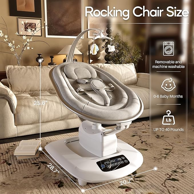 AMKE Luxury Electric Baby Swing for Infants - 5 Swing Motions, Quiet 45dB Motor, Touchscreen Control Panel Adjustable Recline, 5 Buit-in Songs - Newborn Rocker with Detachable Toys