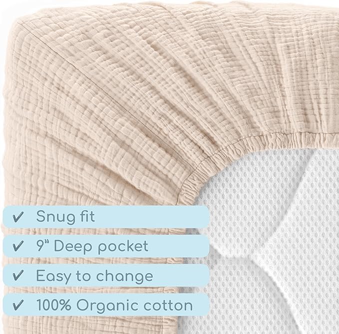 Muslin Crib Sheets, 100% Organic Cotton, Breathable and Ultra-Soft, Standard Crib Sheet Mattress (28"x 52") for Girls and Boys, Neutral Fitted Baby Crib Sheet (Wheat)