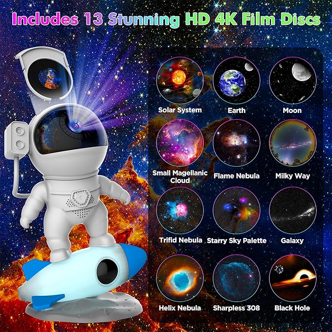 Star Projector, Astronaut Galaxy Projector for Bedroom, 12 in 1 HD Planetarium Projector with Timer & Rocket Night Lights, 360° Rotating Galaxy Star Night Light Projector for Kids Gifts