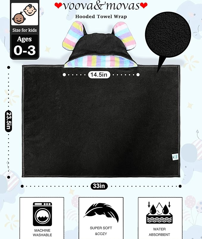 VOOVA & MOVAS Baby Hooded Bath Towel - 100% Cotton, 33x23.5 Inches,0-3Years, Super Absorbent Large Towel with Cute Elephant Ears Hood for Newborn, Baby, Toddler,Black