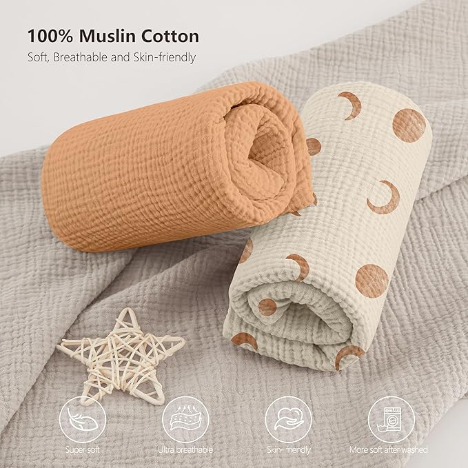 Bearmoss Muslin Mini Crib Sheets for Pack N Play Mattress - 100% Cotton - 38"x26" Soft Breathable Playard Baby Crib Sheets Neutral for Boys Girls - 2 Pack (Brown Moon)