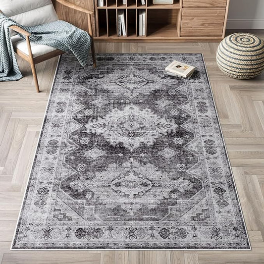 Dripex Vintage Washable Area Rug - 4x6 Distressed Rugs for Living Room Bedroom Oriental Medallion Floral Print Carpet Low-Pile Indoor Soft Non-Slip Accent Rug Farmhouse Office Home Decor