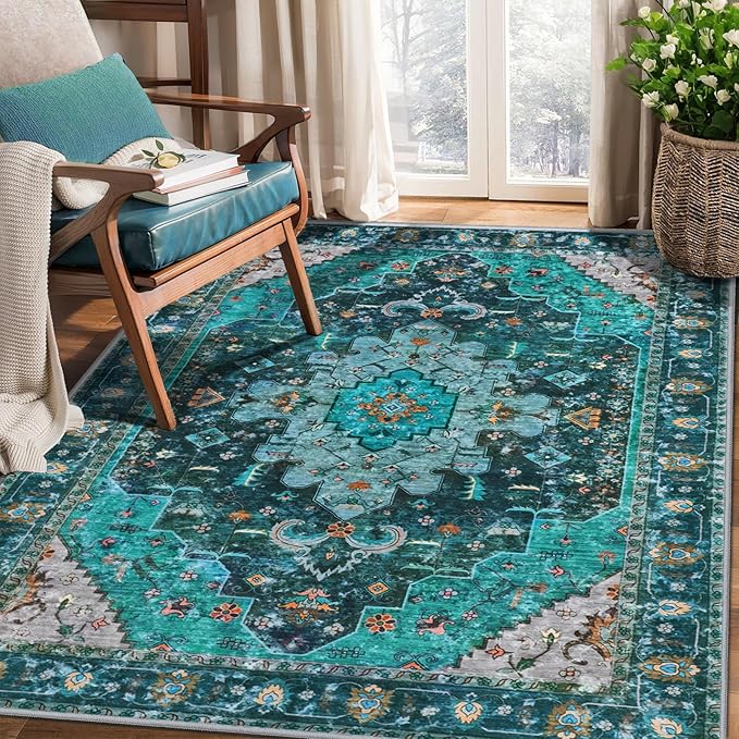 Ciicool Washable Area Rug 3’x5’ Teal Boho Bedroom Rug Non-Slip Oriental Entry Throw Low-Pile Indoor Floor Carpet for Living Room Laundry Foyer Decor(Teal/Multi)