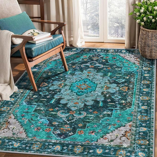 Ciicool Washable Area Rug 3’x5’ Teal Boho Bedroom Rug Non-Slip Oriental Entry Throw Low-Pile Indoor Floor Carpet for Living Room Laundry Foyer Decor(Teal/Multi)