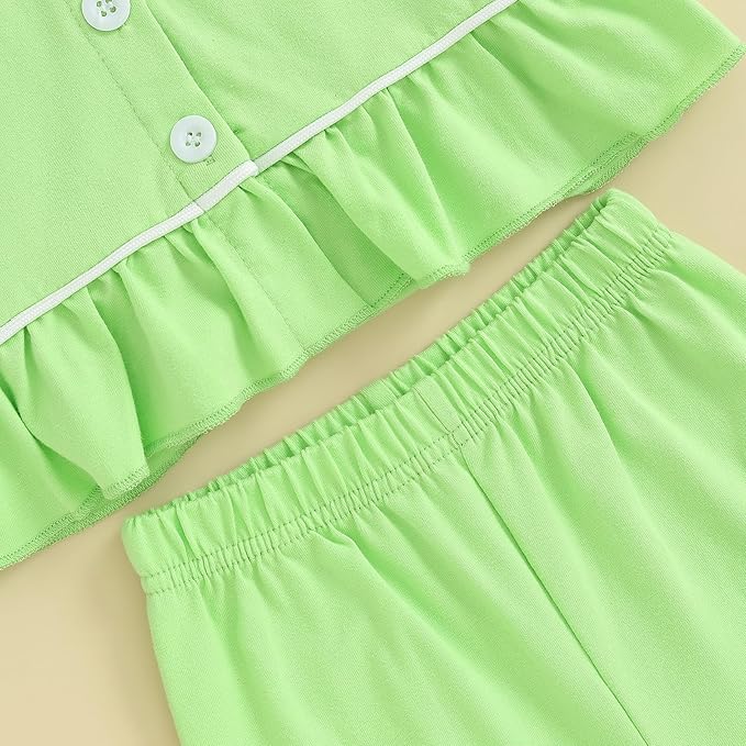 Toddler Kids Baby Girl Solid Pjs Ruffle Long Sleeve Button Shirt Top and Pants Cotton 2Piece Pajamas Set