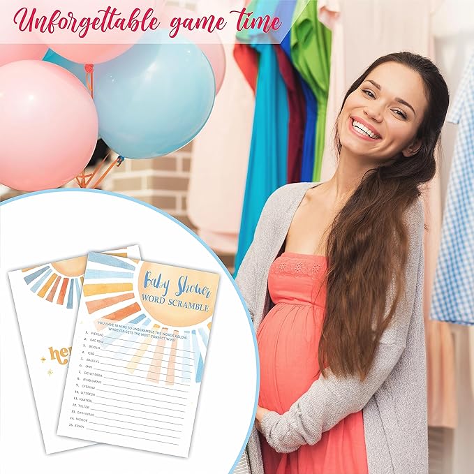 Sunshine Theme Word Scramble Game Kit -ro Baby Shower Game with 30 Cards + Answer Card - Watercolor Sun Theme, Gender Reveal & Announcement Party Favor