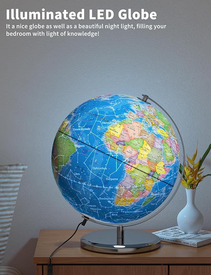 SOUNDANCE 13 Inch World Globe with Stable Heavy Metal Base, Educational Globe for Kids Learning, Large Globes Lamp with Colorful HD World Map Details, Constellation