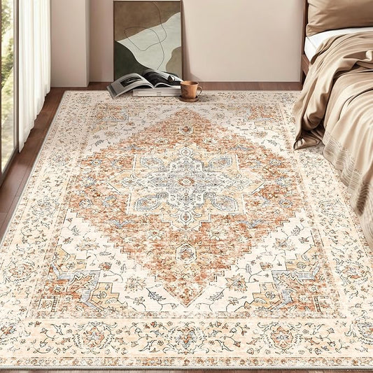 Ciicool 4x6 Rug, Washable Area Rug Boho Rugs for Living Room Non-Slip Indoor Rugs Large Low-Pile Mat Floor Carpet Vintage Rug for Bedroom Dinning Office Foyer Decor