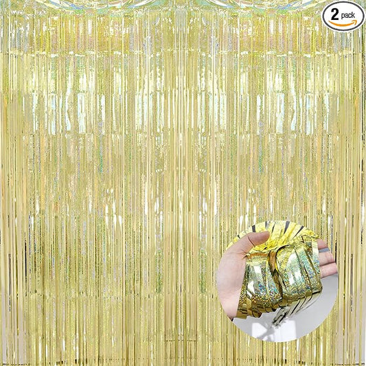 BRAVESHINE Gold Tinsel Streamers Party Backdrop - 2 Pack 3.2x8.2ft Metallic Foil Fringe Curtain for Christmas/New Years/Prom/Birthdays/Engagement/Anniversary/Hawaiian/Luau Party Decorations