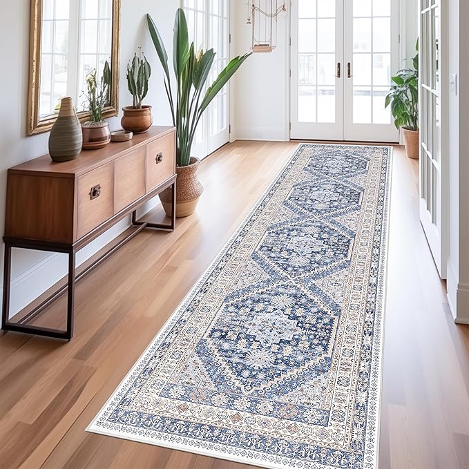 zesthome Washable Runner Rug 2.5x10 - Stain Resistant Entryway Rug,Ultra-Thin Kitchen Rugs, Anti Slip Backing Runner Rugs for Entrance Laundry Room Indoor Hallway (Blue/Beige,2.5'x10')