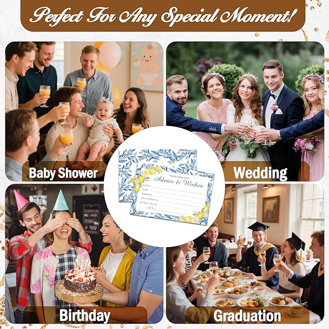 Advice And Wishes Cards (25pcs), Mediterranean Lemon Advice Cards For Mr And Mrs, Bride And Groom, New Parents, Bridal Shower, Baby Shower, Engagement, Wedding, Bachelorette Party Games Decor -A04