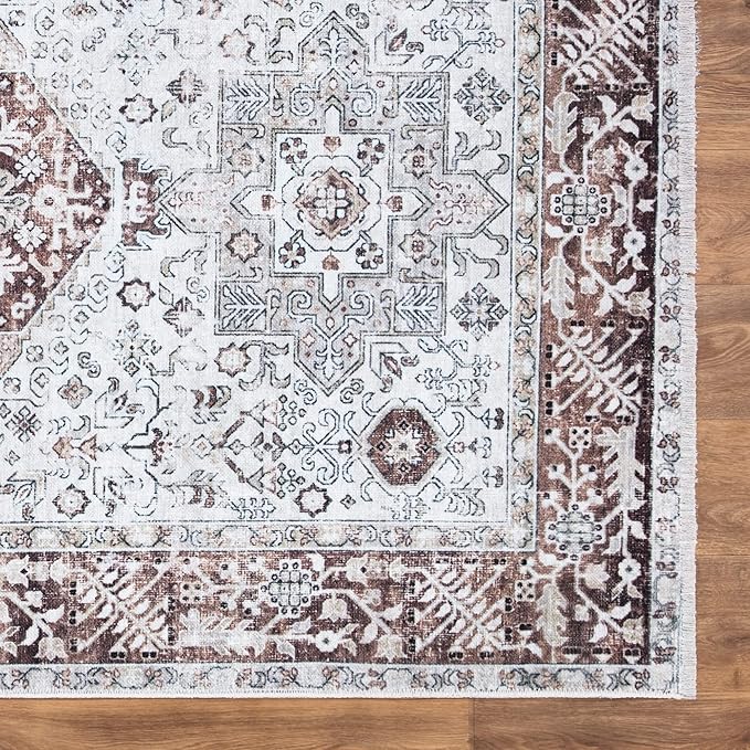 Bloom Rugs Caria Washable Non-Slip 10 ft Runner - Beige/Brown Traditional Runner for Entryway, Hallway, Bathroom, and Kitchen - Exact Size: 2'6" x 10'