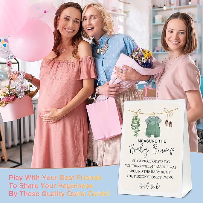Measure the Baby Bump Baby Shower Game Set, 1 Standing Sign with 50 Guessing Cards, Baby Clothes Gender Reveal Party Decorations Supplies - B08