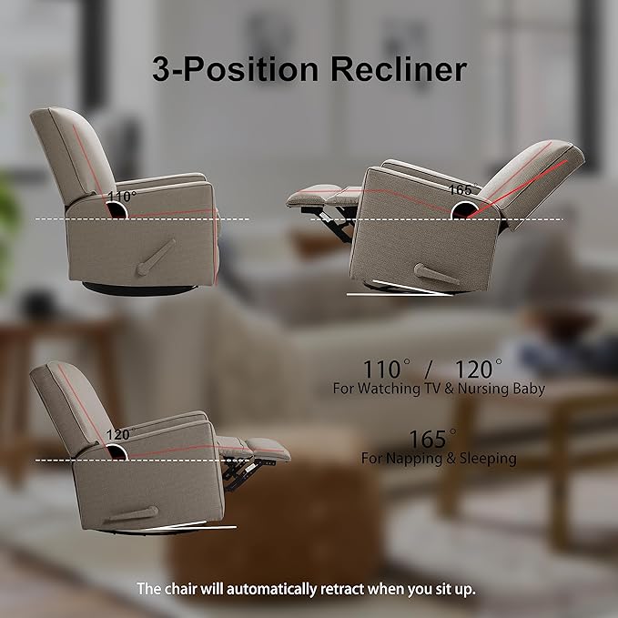 Harkawon Swivel Rocker Recliner Chair, Glider Rocker Recliner, Rocking Chair Nursery, Fabric Chair with High Back, Deep Seat, for Living Room, Bedroom (Brownish Grey-tan)