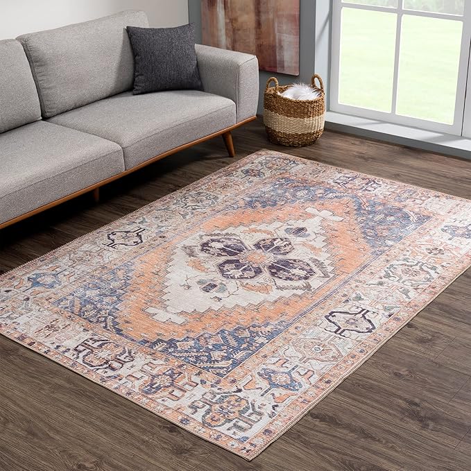 Bloom Rugs Washable 9' x 12' Rug - Orange/Blue/Beige Traditional Area Rug for Living Room, Bedroom, Dining Room, and Kitchen - Exact Size: 9' x 12'